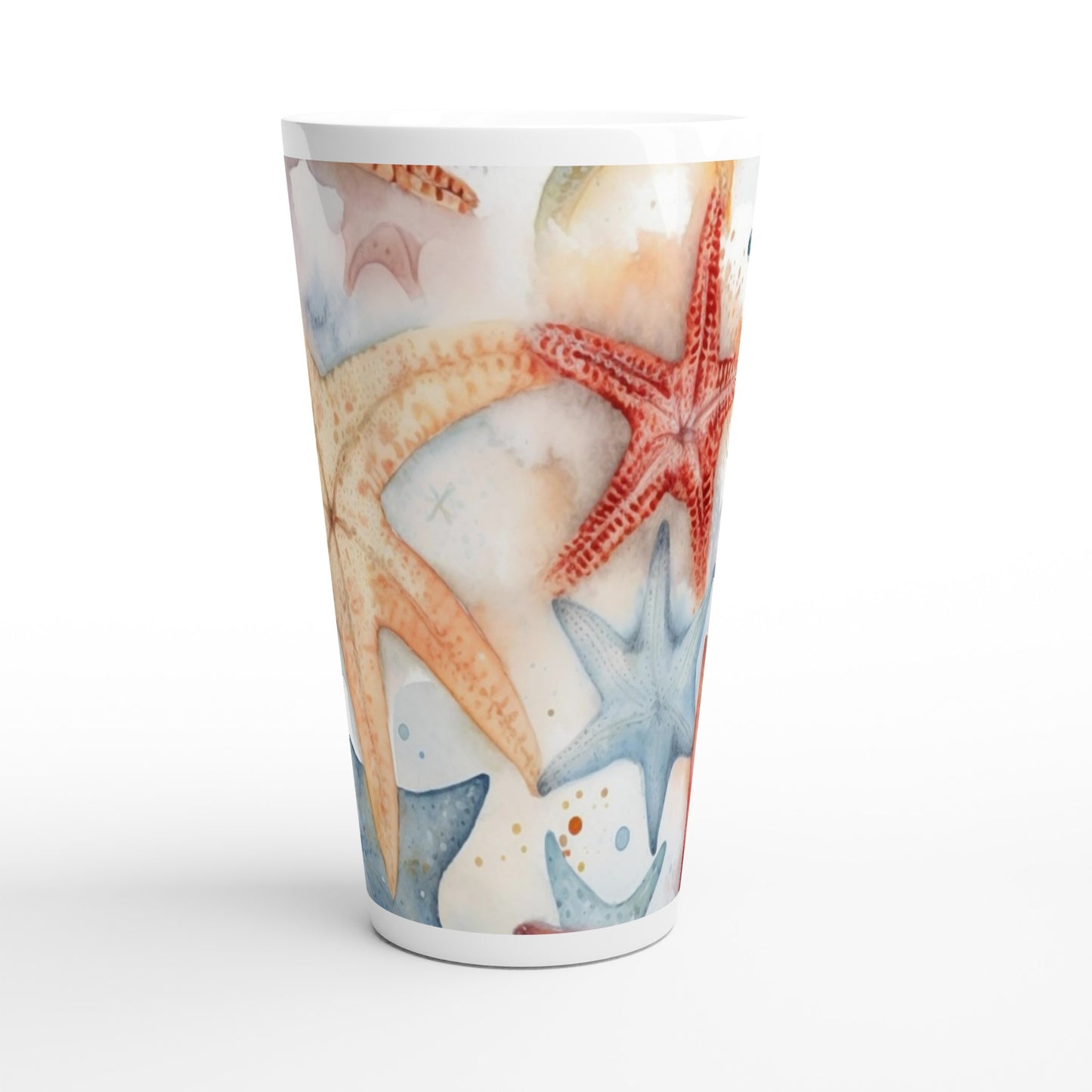 White Latte 17oz Ceramic Mug "Starfish" Summer Holidays at the beach Watercolour Design