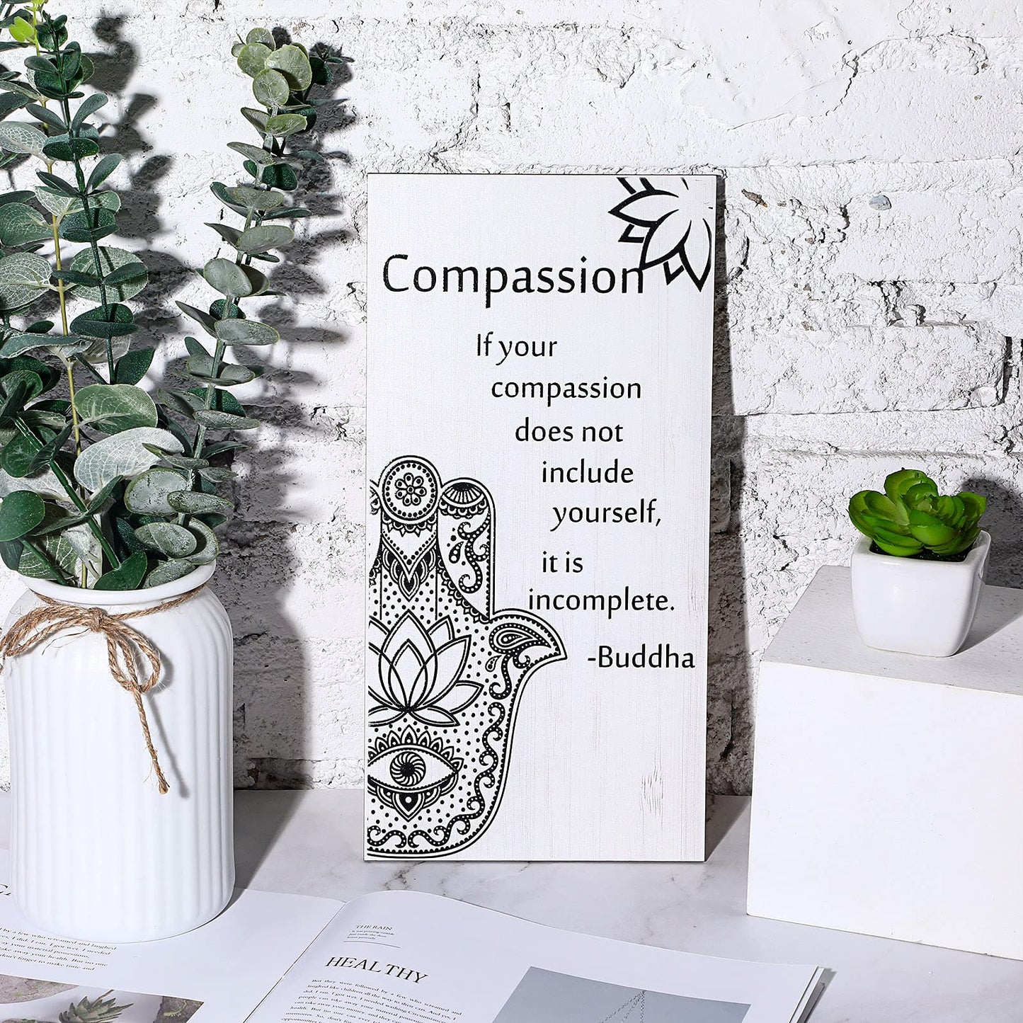 Buddha Quotes 2 Pieces Inspirational Quote Wall Decor Zen Meditation Wooden Hanging, Meditation Buddha [Wall] [Art]s for Home Living Room Yoga [Decor]s (Compassion)