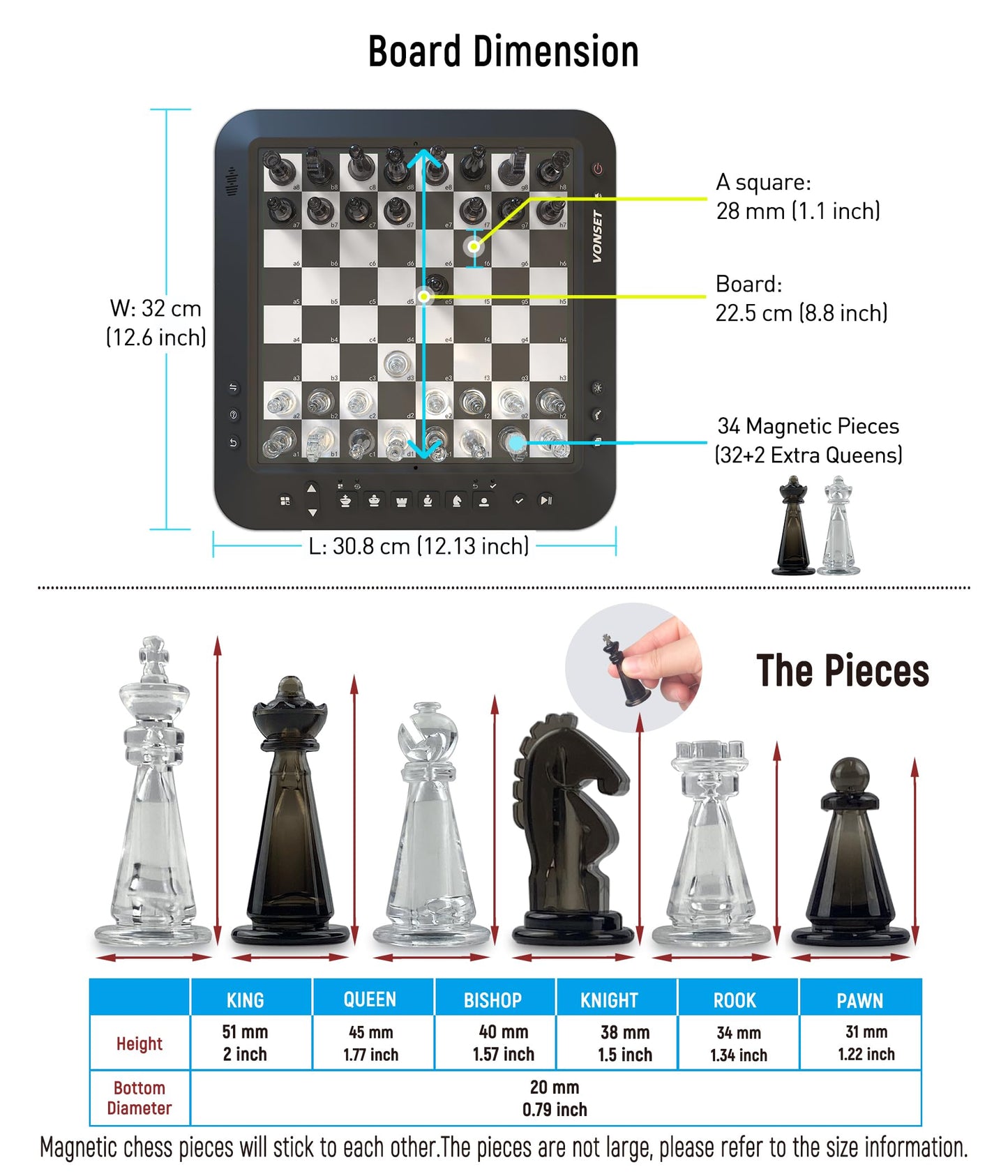 Vonset P6 Computer Chess Game Talking Smart Chess Board Electronic Chess Set Magnetic Chess Computer with LED for Beginners Electronic Chess Board for Kids & Adults Learn Chess