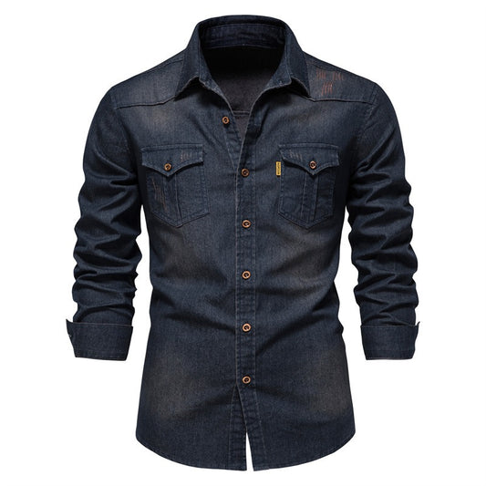 Trendy New US Size Denim Iron Free Shirt Men's Casual Solid Color Iron Long Sleeve Shirt