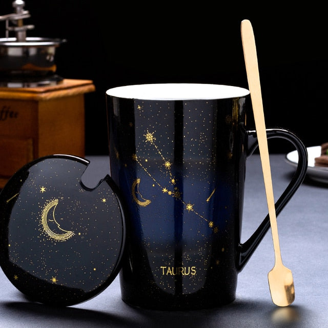 12 Constellations Creative Mugs With Golden Spoon and Lid in White, Dark Blue and Black 420 ml