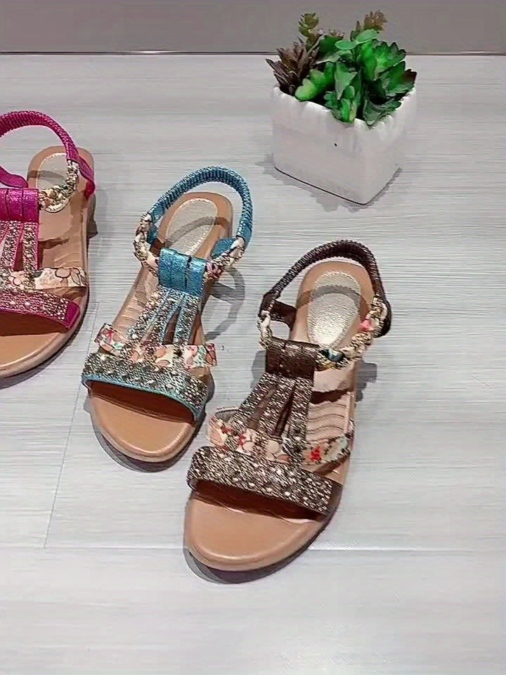 Stylish Women's Rhinestone Decor Wedge Sandals - Comfortable Open Toe Platform Sandals with Elastic Band