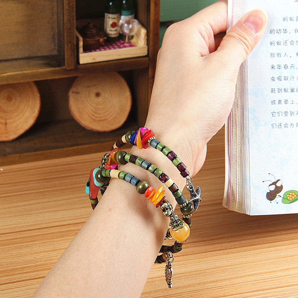 National Vintage Wooden Bracelet with Buddhist Beads, Shell, Starfish and Leaf for Women