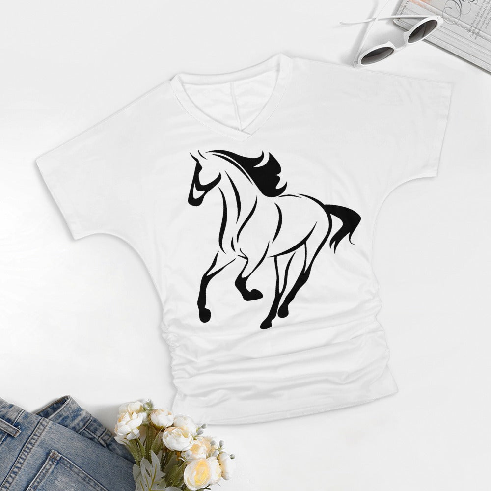 V-Neck Pleated  White T-Shirt for Women with Horse Design