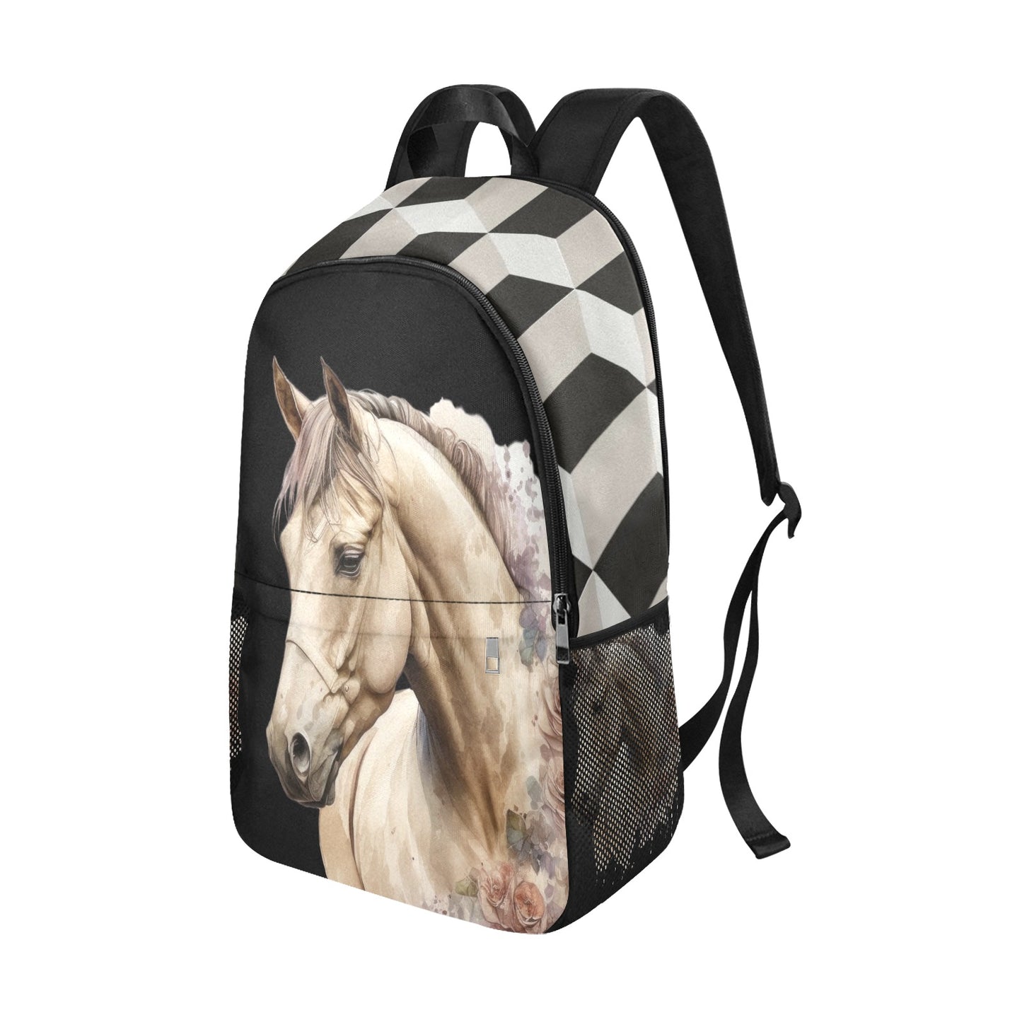 Horse Portrait Fabric Backpack with Side Mesh Pockets (1659)