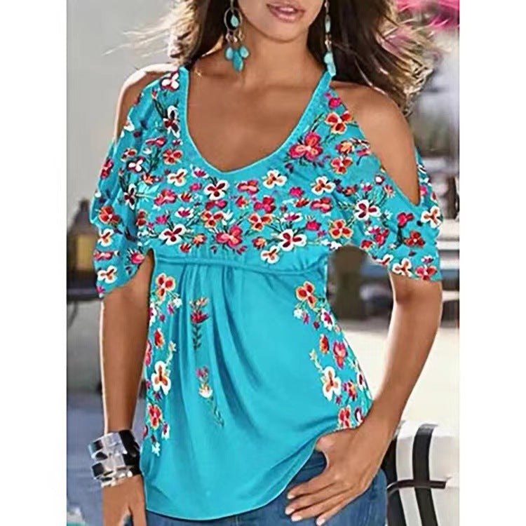 Summer New Women Loose V-Neck Pleated Printed Off The Shoulder Short Sleeved T-Shirt