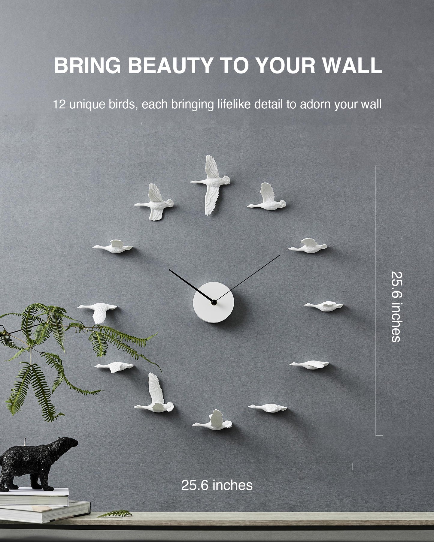 Haoshi Creative Handcrafted Decorative Wall Clock - Timeless Artistic Wall Decor & Luxury Details with Lifelike Bird Movement, Modern Frameless 25" White large Clocks for Unique Living Room Decor