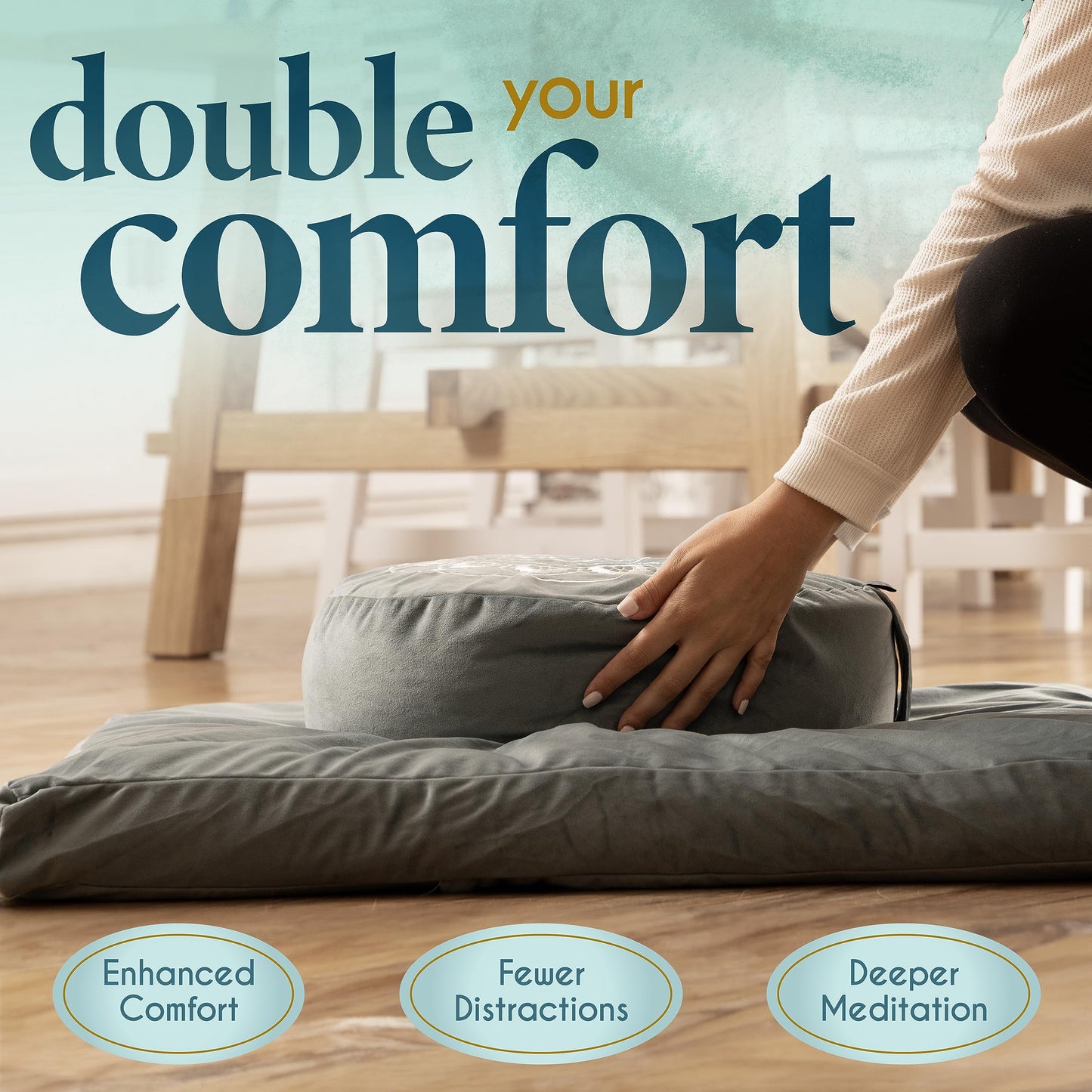 Florensi Meditation Cushion & Mat Value Bundle- Premium Meditation Cushion Set for Women and Men - Velvet Washable Cover - Buckwheat Round Floor Pillow & 100% Cotton Zabuton Square Floor Cushion