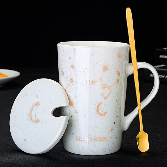 12 Constellations Creative Mugs With Golden Spoon and Lid in White, Dark Blue and Black 420 ml