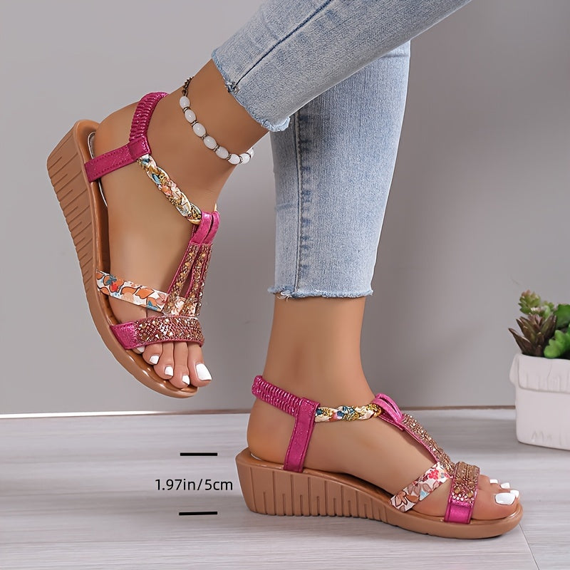 Stylish Women's Rhinestone Decor Wedge Sandals - Comfortable Open Toe Platform Sandals with Elastic Band