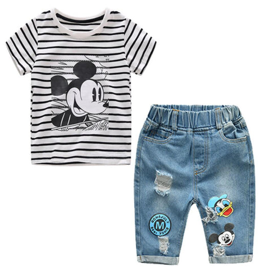 Adorable Infant Summer Clothing: Cartoon Striped T-Shirts & Denim Shorts Sets - Perfect Kids 2pcs Outfits for Boys & Girls