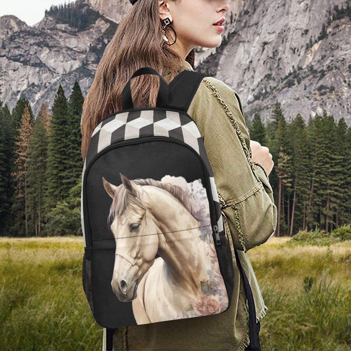 Horse Portrait Fabric Backpack with Side Mesh Pockets (1659)