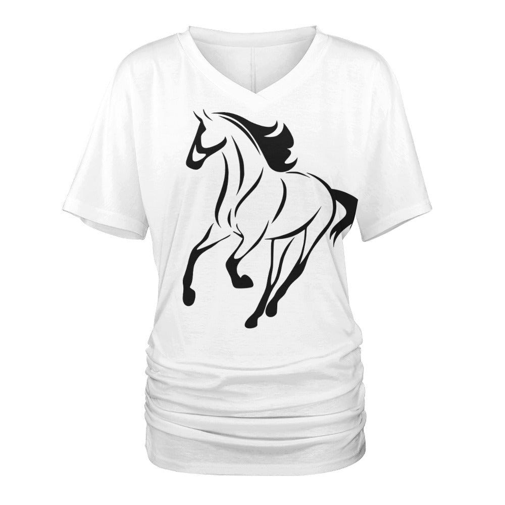 V-Neck Pleated  White T-Shirt for Women with Horse Design