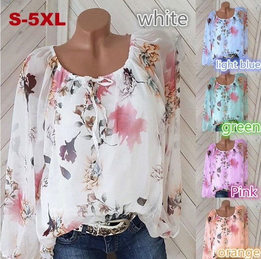 New Women's Sexy One Word Neck Printed Chiffon Shirt