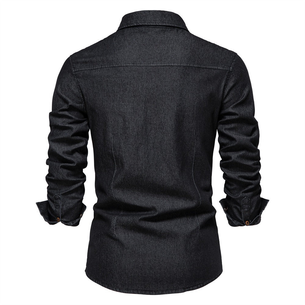 Trendy New US Size Denim Iron Free Shirt Men's Casual Solid Color Iron Long Sleeve Shirt