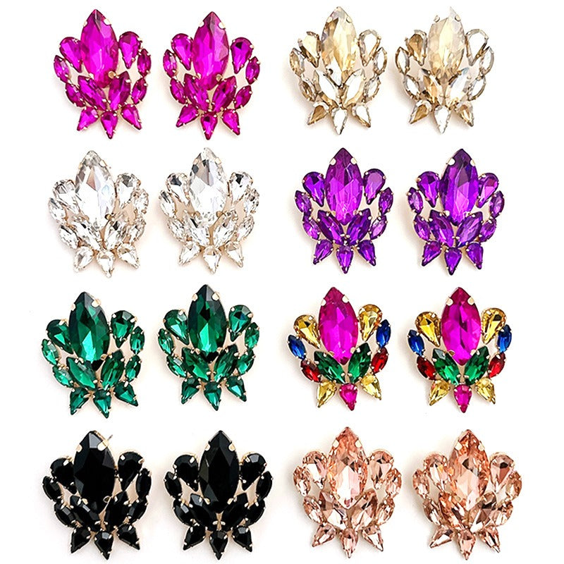 Earrings with nlaid colored diamond-shaped glass rhinestone