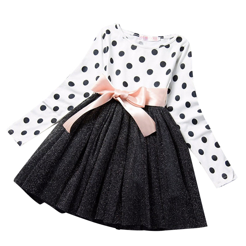 Dot Long Sleeve Dress For Girls Clothing Child Costume Baby Girl Clothing Teenager School Daily Wear Sashes Kids Casual Clothes