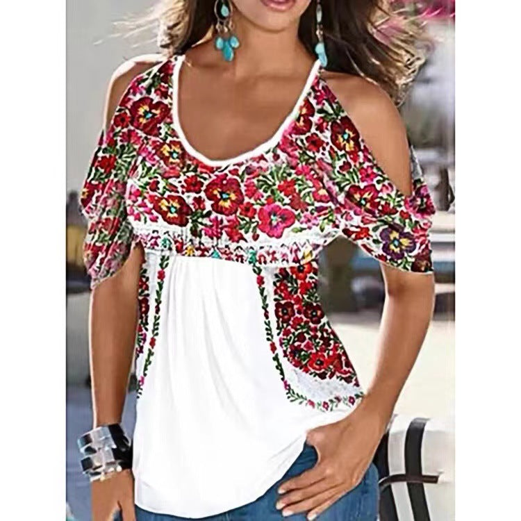 Summer New Women Loose V-Neck Pleated Printed Off The Shoulder Short Sleeved T-Shirt