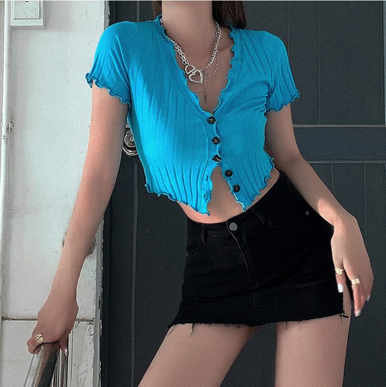 Women V-neck Fahion Casual T-shirts Short Sleeve Summer 2024 Crop Top Slim Female Short Soft Knitted Fabric Tees Harajuku Tops