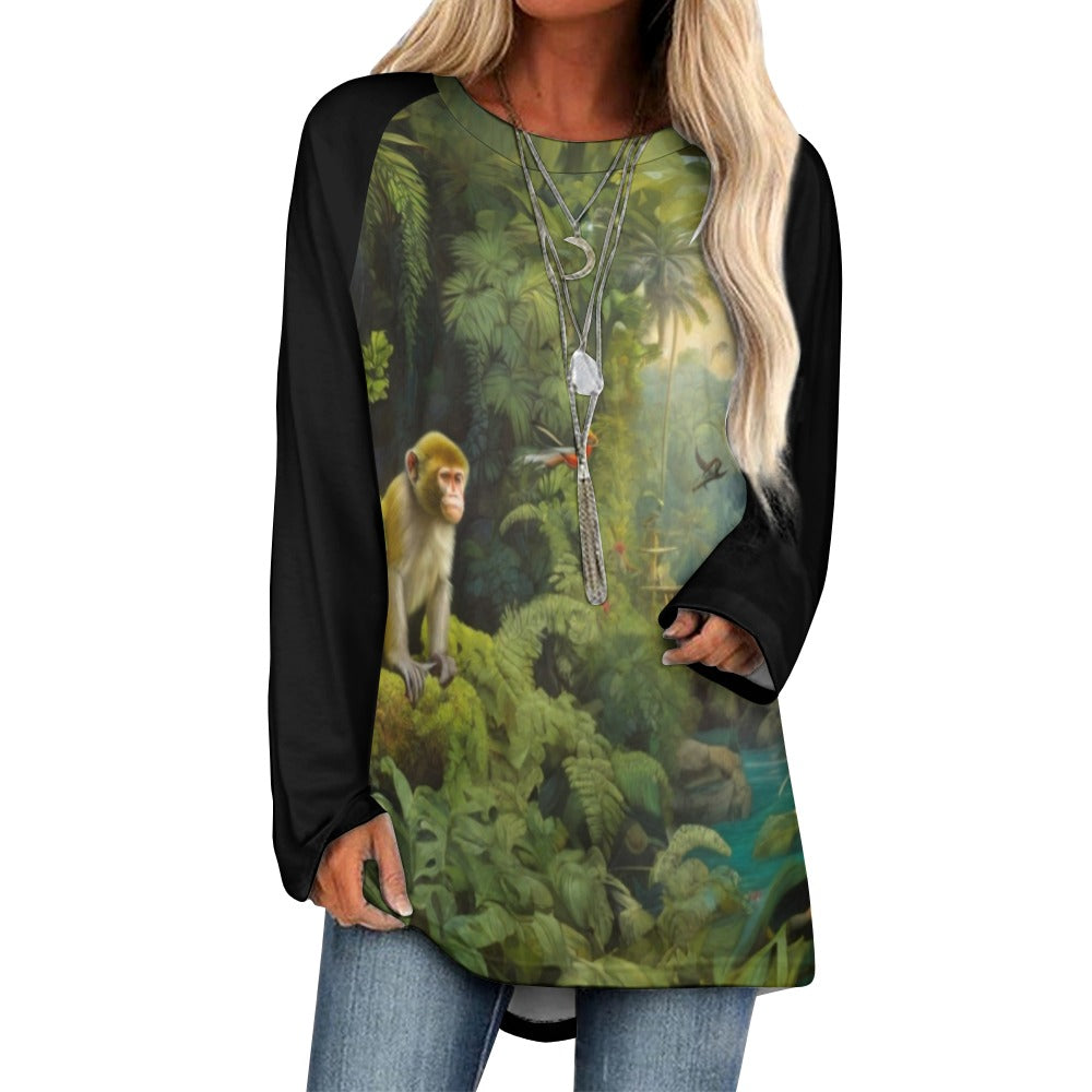 Jungle Fantasy: Long Sleeve Crew Neck T-Shirt with Exotic Design