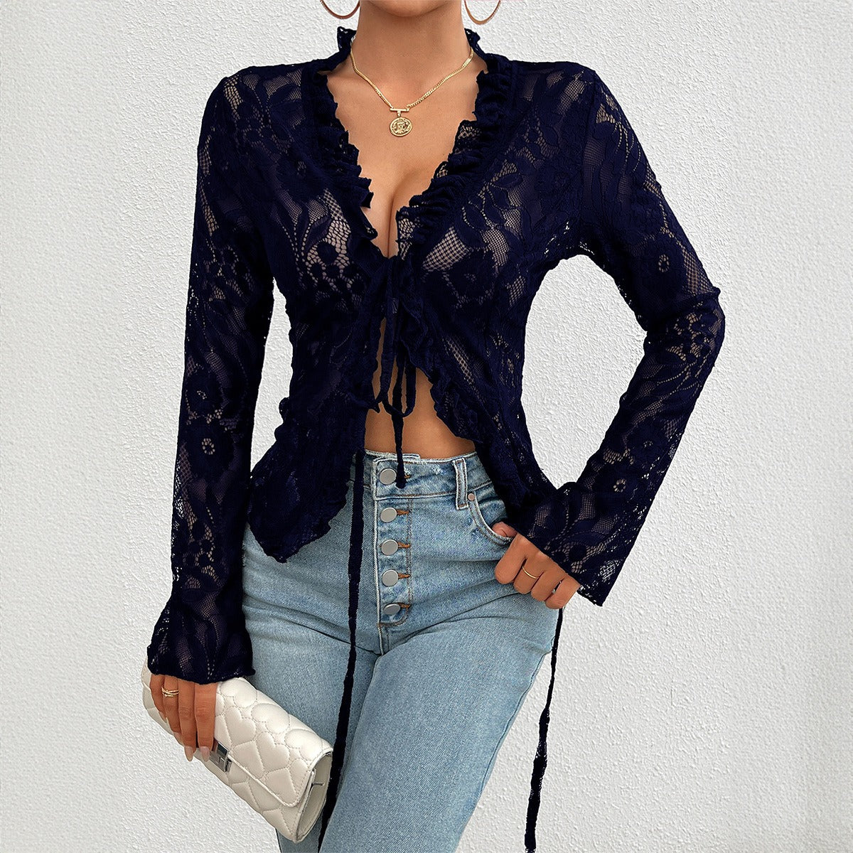 Women's top spring/summer sexy slim fit long sleeved lace top