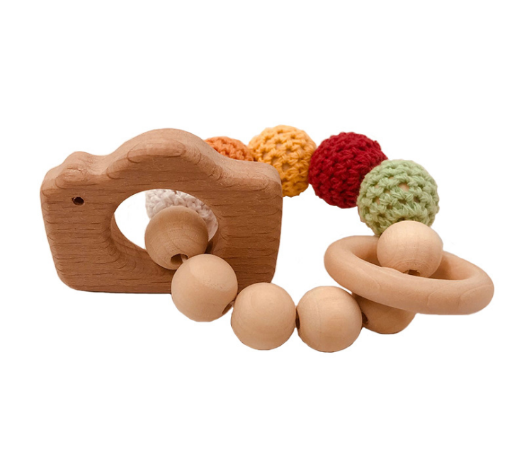 Crochet Bead Teething Ring Set Untreated Beech Teether with Organic Wood Animal Toy Wood Bracelet Baby Wooden Teether Bangle