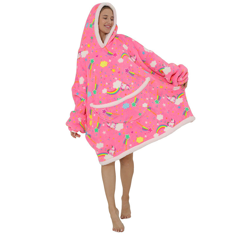 Lazy Blanket Composite Lamb Fleece Pullover Flannel Sweater Blanket Hooded Lazy Clothes Outdoor Warm Pajamas