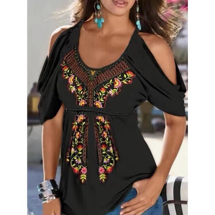 Summer New Women Loose V-Neck Pleated Printed Off The Shoulder Short Sleeved T-Shirt