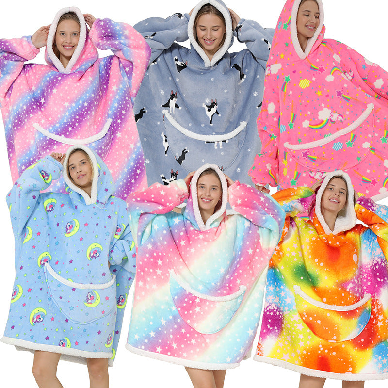 Lazy Blanket Composite Lamb Fleece Pullover Flannel Sweater Blanket Hooded Lazy Clothes Outdoor Warm Pajamas