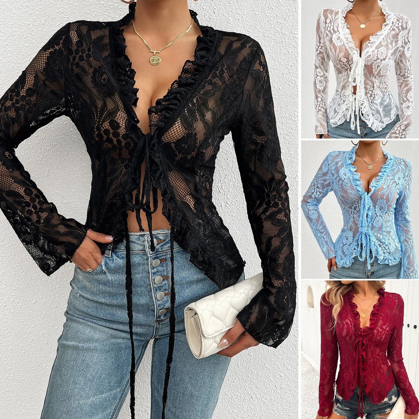 Women's top spring/summer sexy slim fit long sleeved lace top