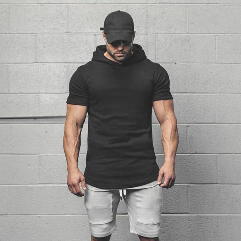 Mens Bodybuilding Hoodies Men Gyms Hooded Short Sleeve Fitness Clothing Muscle T Shirt Slim Solid Cotton Pullover Sweatshirt