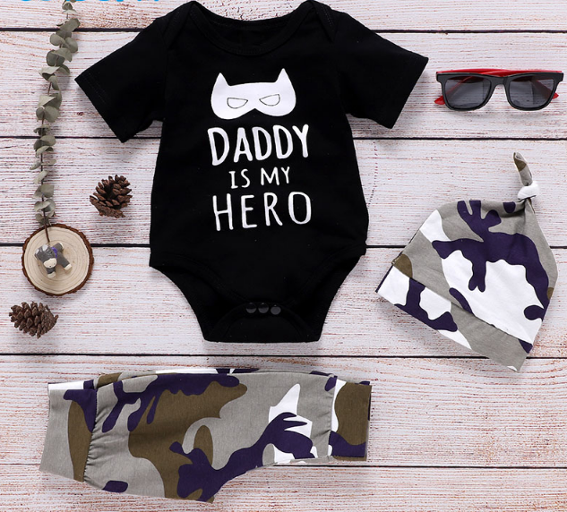 Wisefin Boy Clothing Infant Camo Black Baby Clothes Set Summer For Boy 3 Piece Cartoon Print Kids Outfit With Hat For Newborn