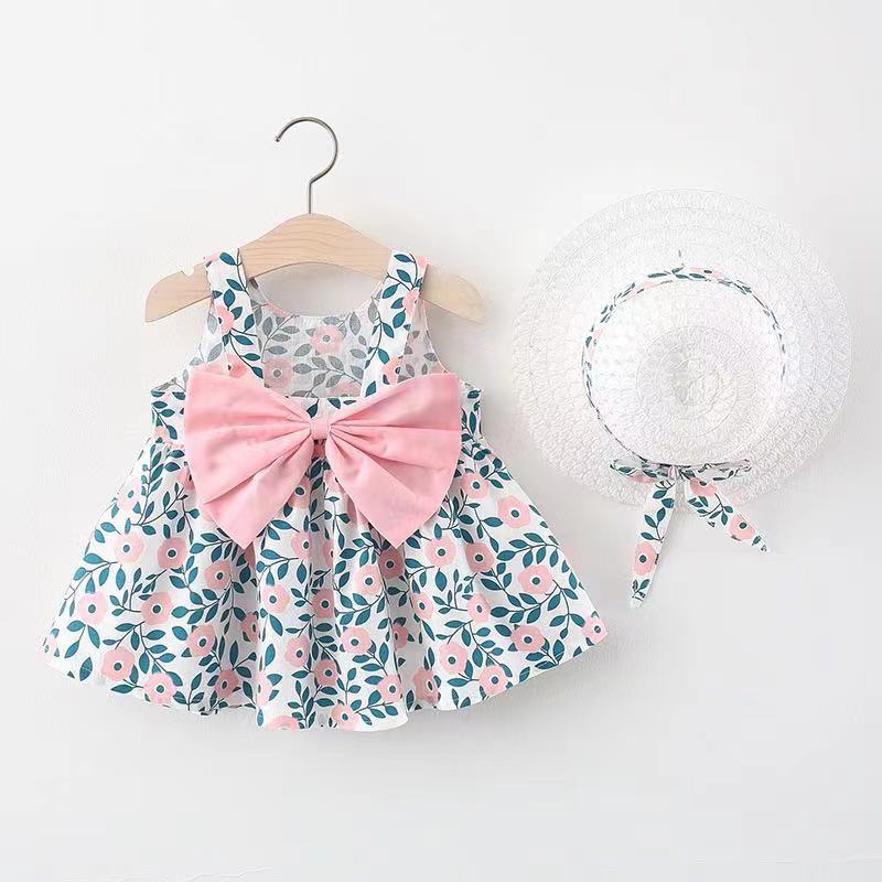 Summer New Korean Style Suspender Dress Girl Baby Print Bow Princess Dress