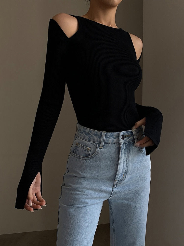 Fashion Women's T-Shirt New Solid Color Long Sleeve O-neck Off The Shoulder Slim Knitting Tops Female Spring Fashion