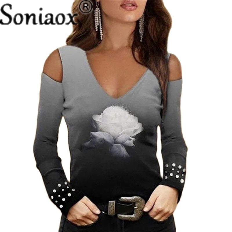 Spring Fashion V-Neck T-Shirt - Sexy Off-Shoulder Gradient Flower Print, Long-Sleeve | Ladies Casual Loose Streetwear Tops