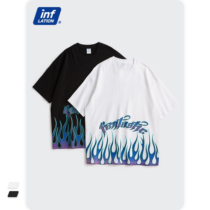 IIgnite Your Style: INFLATION Men's Flame Print Oversized T-Shirts