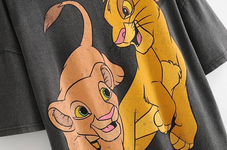 Women T Shirt Fashion Cartoon Lion king print Tee Summer O neck Short sleeve Gray Shirt Casual Female Tops