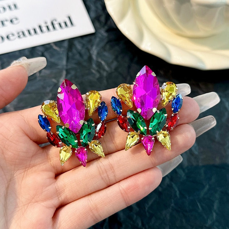 Earrings with nlaid colored diamond-shaped glass rhinestone