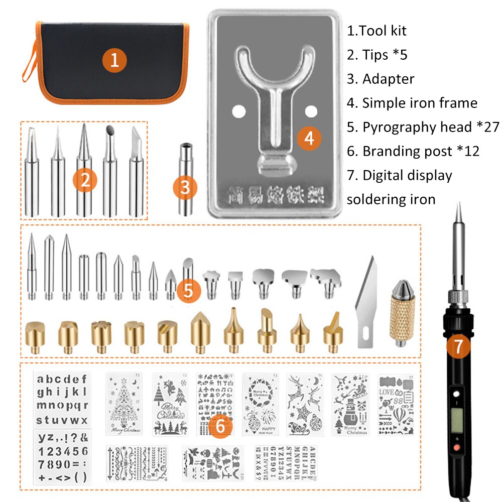 48pcs Carving Pyrography Pen Kit Embossing Soldering Tips Wood Burning Craft Tool Adjustable Temperature Soldering Iron EU Plug