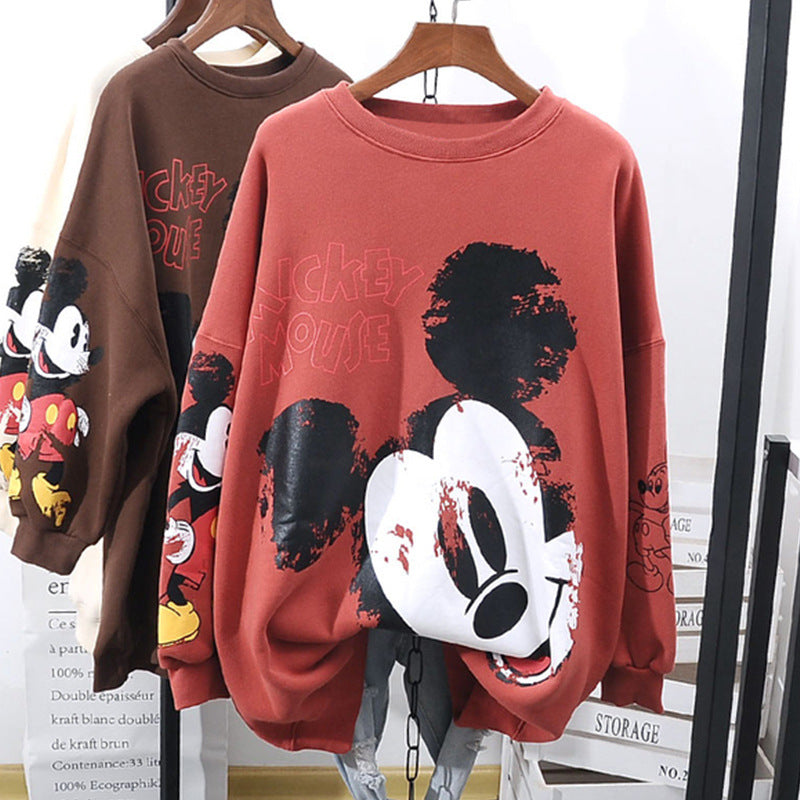 Autumn And Winter New Pullover Top Round Neck Cartoon Mickey Print Long Sleeve Loose Sweater For Women