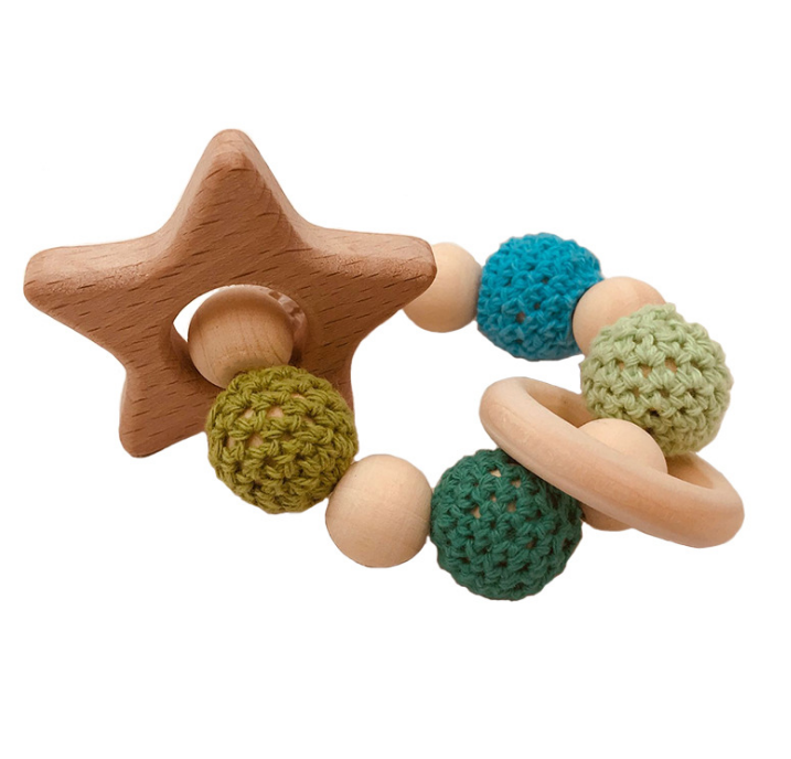 Crochet Bead Teething Ring Set Untreated Beech Teether with Organic Wood Animal Toy Wood Bracelet Baby Wooden Teether Bangle