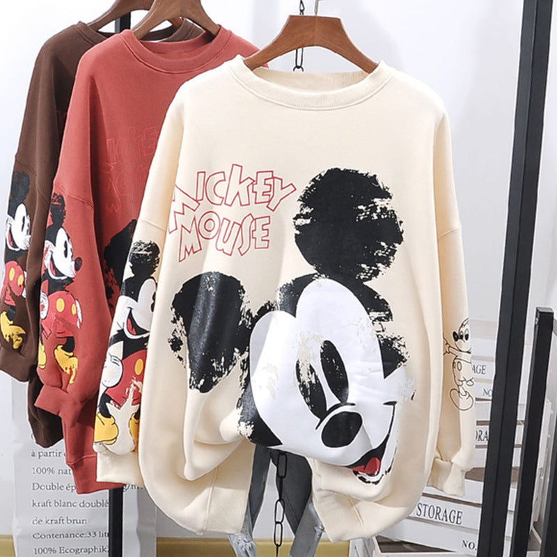 Autumn And Winter New Pullover Top Round Neck Cartoon Mickey Print Long Sleeve Loose Sweater For Women