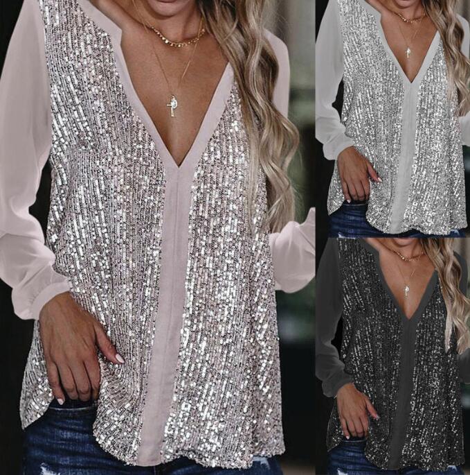 Casual sequined V-neck long-sleeved loose chiffon shirt for women