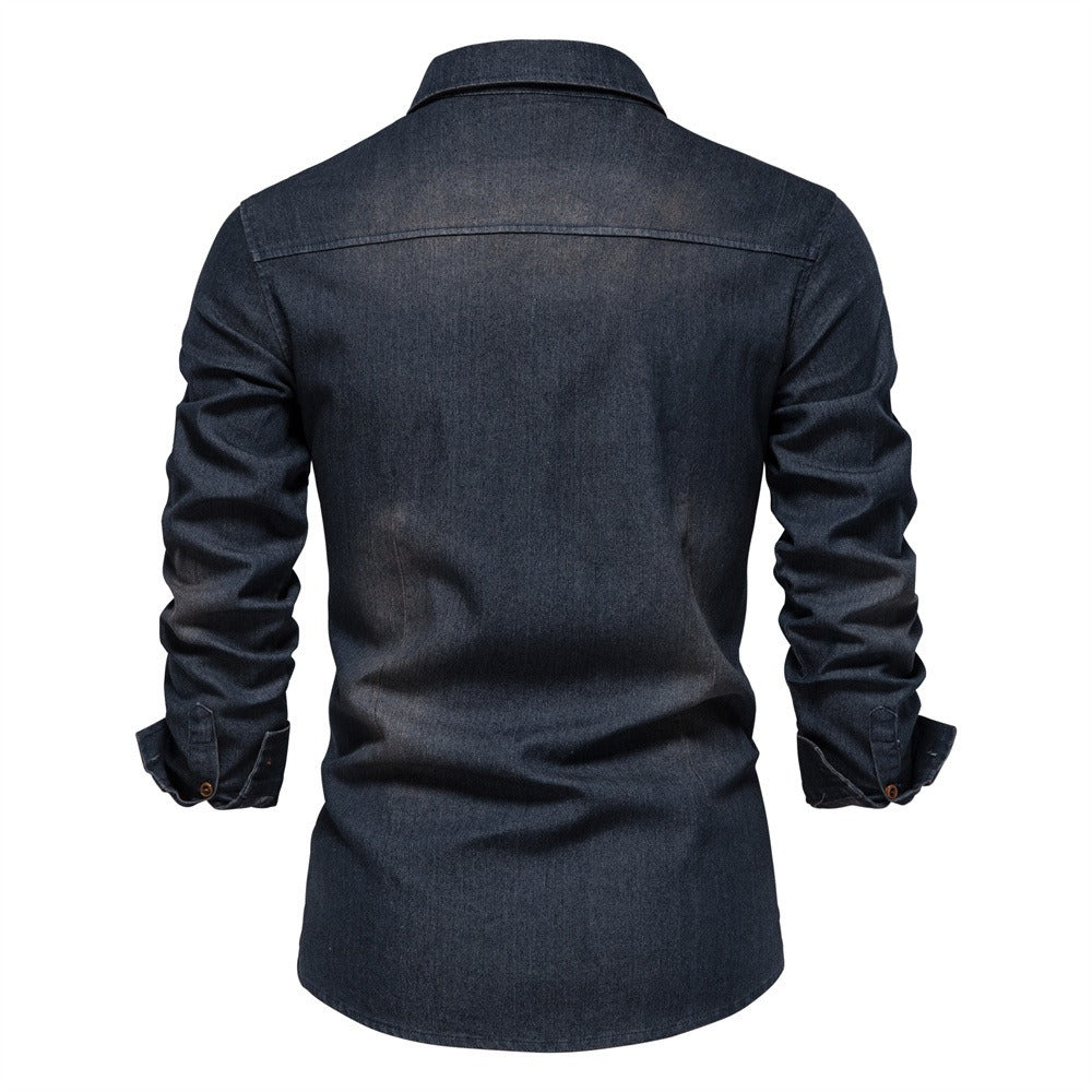 Trendy New US Size Denim Iron Free Shirt Men's Casual Solid Color Iron Long Sleeve Shirt