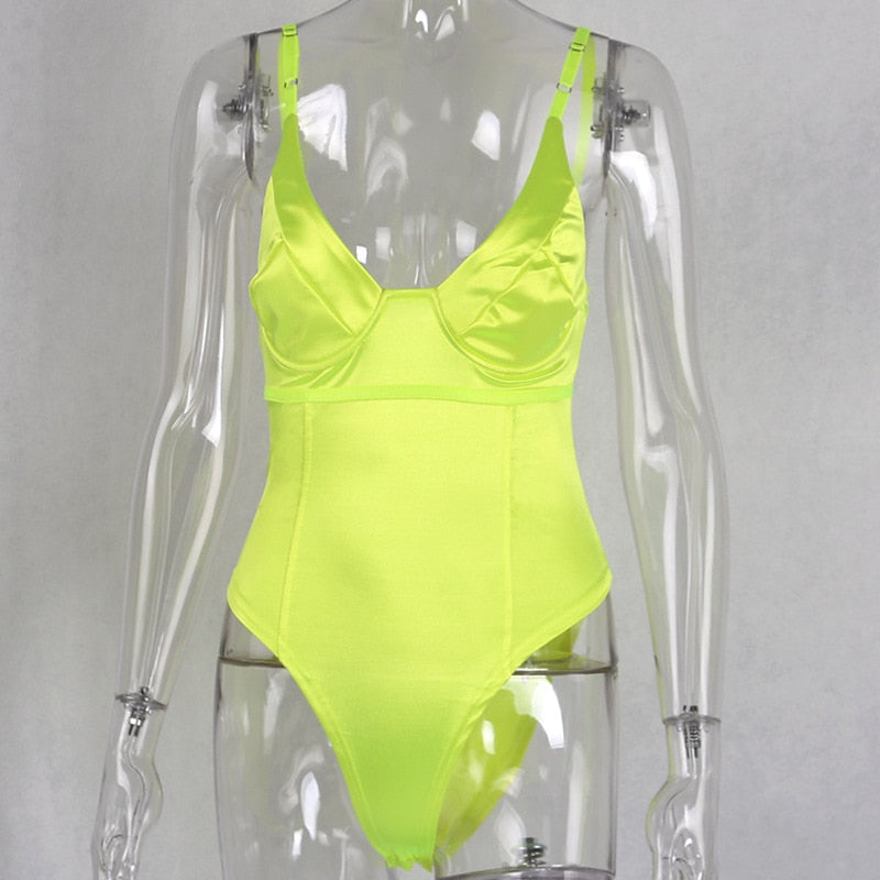 Neon Glow: Sexy Backless V-Neck Bodysuit in Neon Green - Summer's Hottest Trend