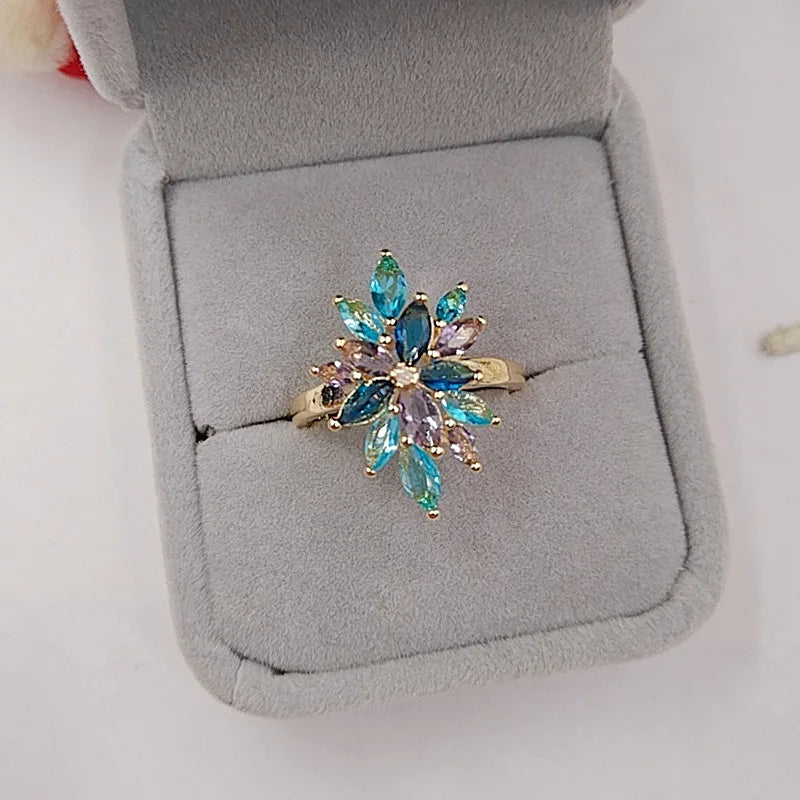 Luxury Party S925 Silver Multi Color Crystal Cubic Zirconia Rings Big Flower Famale Metal Plated Zircon Gift Jewelry For Women