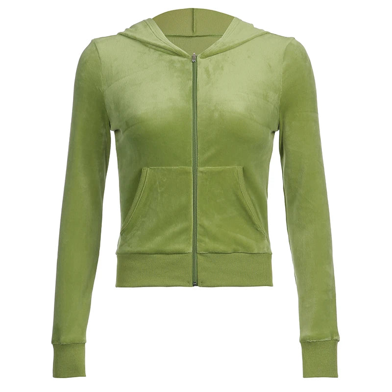 Stylish Rockmore Velvet Hooded Jacket - Women's Zip-Up Crop Hoodies with Pockets for Autumn