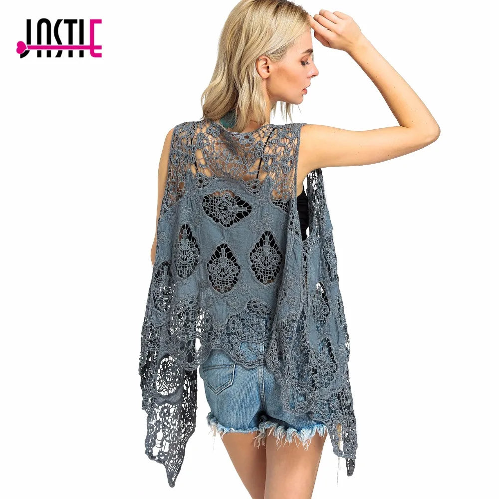 Jastie Hippie Floral Patch Design Vest Retro Vintage Crochet Summer Beach Cover Up Top Asymmetric Open Stitch Kimono Cardigain