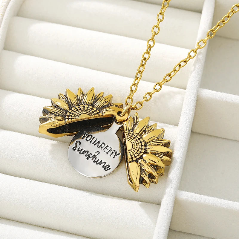 You Are My Sunshine Sunflower Locket - Boho Chic Pendant Necklace for Best Friends