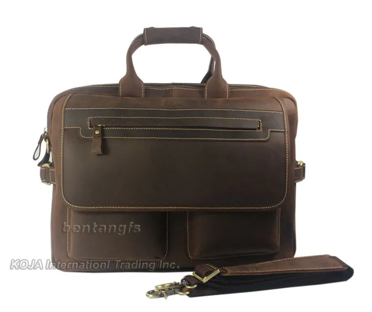 Vintage Men Leather Briefcase Tote Business bag Crazy Horse Genuine Leather portfolio men briefcase male 15" laptop bag office